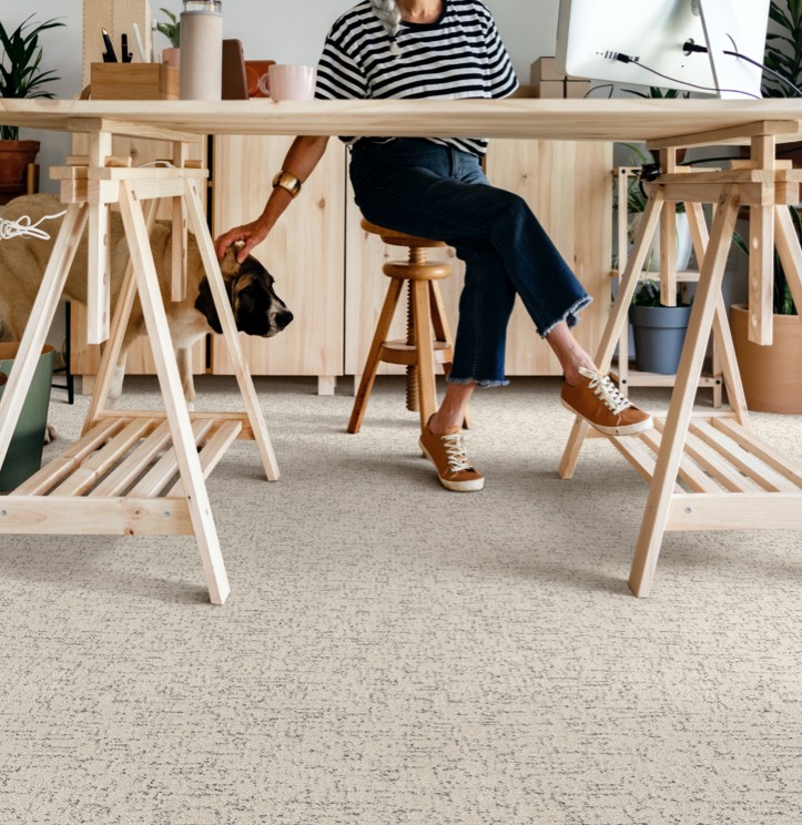 Shaw carpet woman in office with dog | Valley Floor Covering Inc